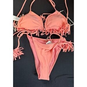 Forever 21 Coral Pink Fringe Triangle Bikini Set Two Piece Swimwear Small NWT